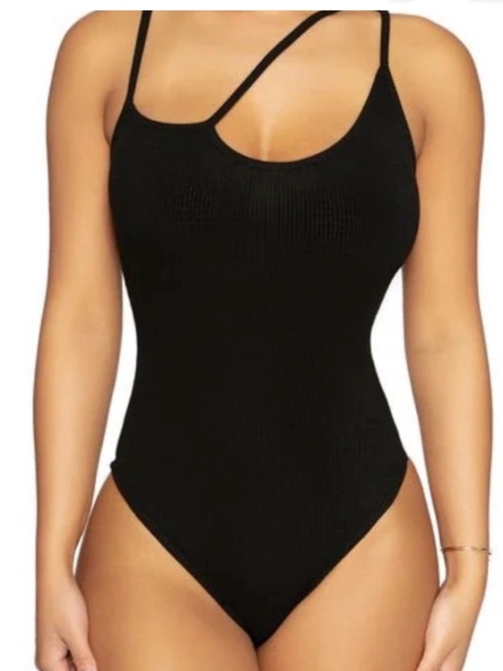 Naked Wardrobe Black Ribbed Asymmetrical Strappy Snatched Basics Bodysuit XL